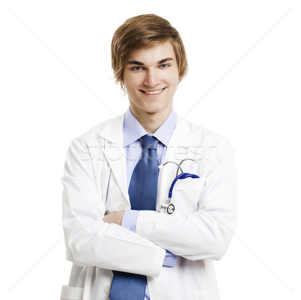 Foto stock: Jovem · bonito · médico · retrato · sorridente · isolado