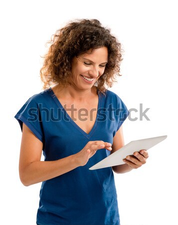 Gelukkig vrouw werken tablet mooie Stockfoto © iko