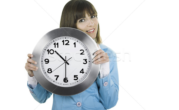 [[stock_photo]]: Horloge · femme · belle · femme · permanent · blanche