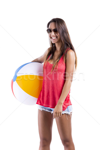 Nő strandlabda boldog gyönyörű nő napszemüveg tart Stock fotó © iko