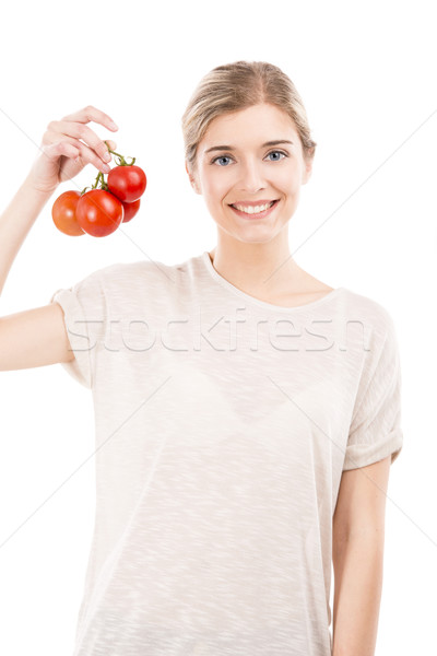 Foto stock: Mulher · vermelho · beautiful · girl · sorridente · tomates