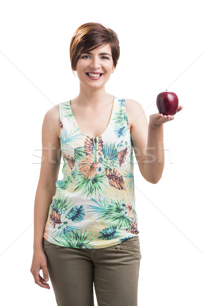 Piękna kobieta jabłko czerwone jabłko odizolowany biały Zdjęcia stock © iko
