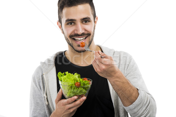 ストックフォト: 若い男 · 食べ · サラダ · 幸せ · 孤立した · 白