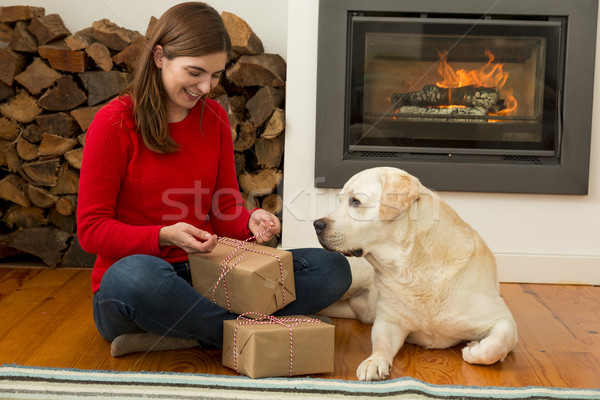 Foto stock: Presenta · Navidad · mujer · hermosa · casa · empresa