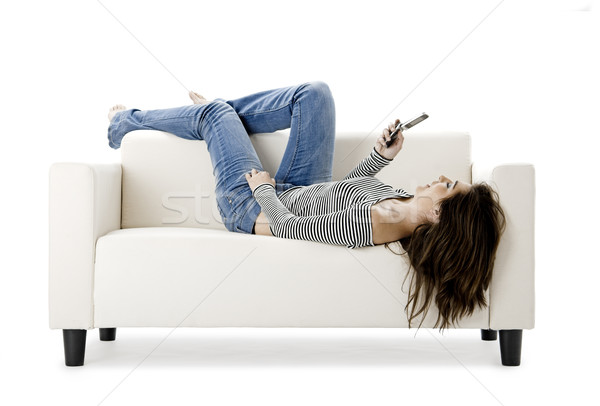 Szczęśliwy rozmowa telefoniczna piękna kobieta biały sofa Zdjęcia stock © iko