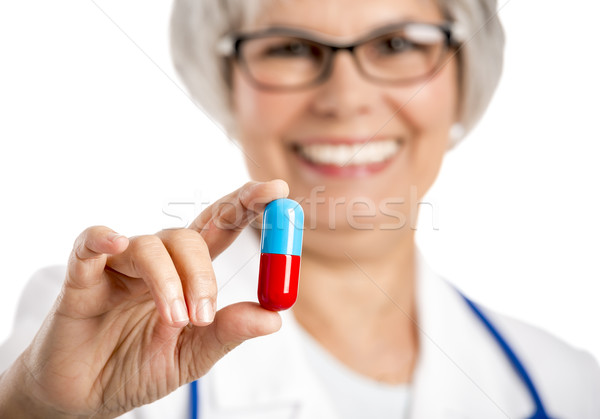 Foto stock: Feminino · médico · pílula · feliz · velho