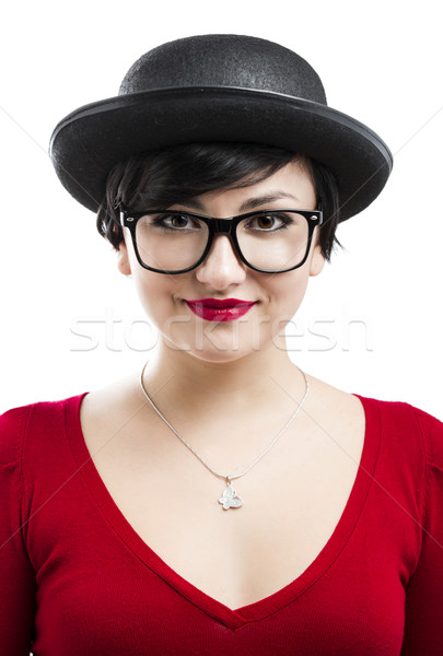 Nerd dziewczyna piękna dziewczyna hat okulary Zdjęcia stock © iko