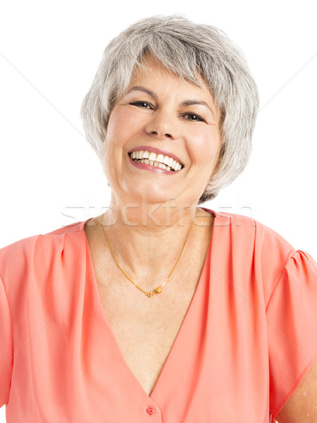 Stockfoto: Gelukkig · oude · vrouw · portret · glimlachend · geïsoleerd