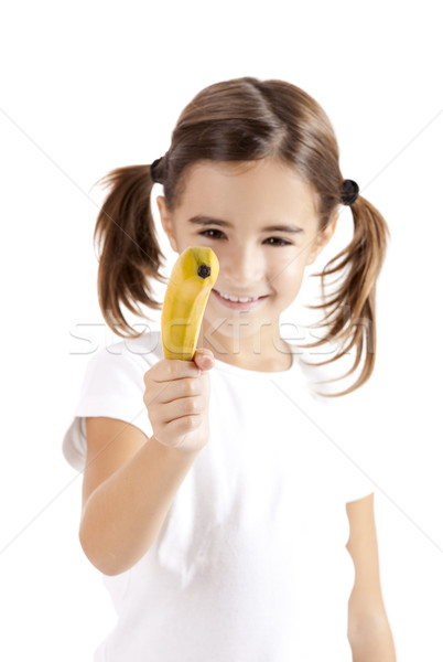 [[stock_photo]]: Fille · banane · petite · fille · isolé · blanche · sourire