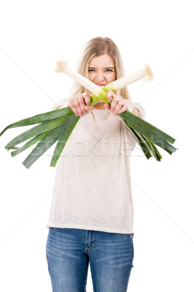 Lauch Kampf schönen blonde Frau halten kämpfen Stock foto © iko