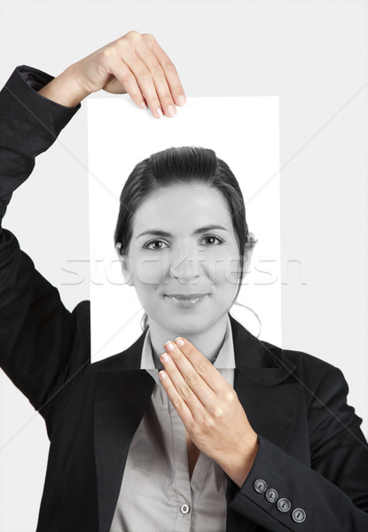 Autoportret femeie faţă afaceri hârtie Imagine de stoc © iko