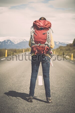 Backpacker turista feminino pronto aventura mulher Foto stock © iko