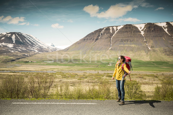 Backpacker turista feminino pronto aventura mulher Foto stock © iko