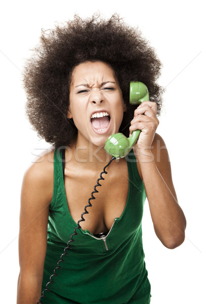Foto stock: Zangado · telefone · mulher · mulher · jovem · chamar · telefone