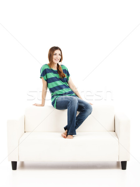 Kobieta sofa piękna kobieta relaks biały kubek Zdjęcia stock © iko