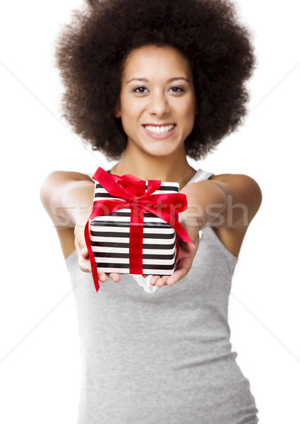 Stockfoto: Geschenk · mooie · jonge · vrouw · geïsoleerd · witte