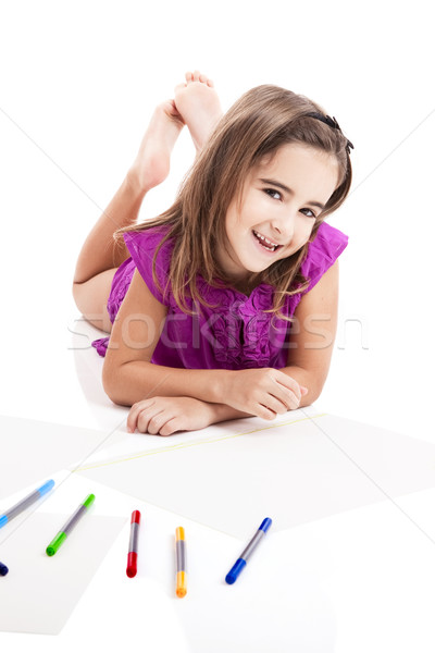 Zdjęcia stock: Dziewczyna · rysunki · posiedzenia · piętrze · papieru