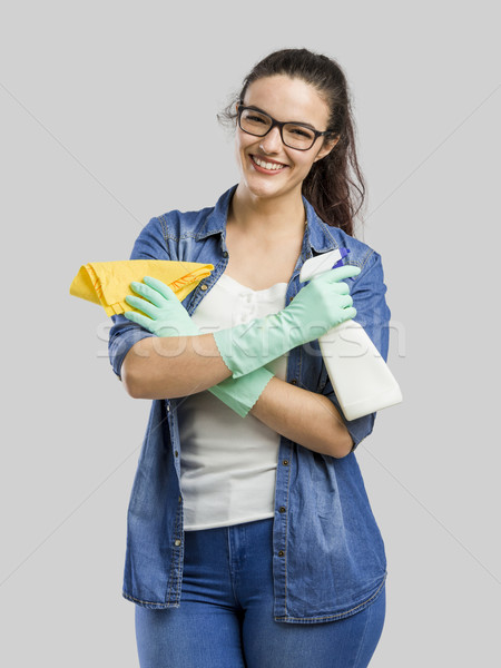 Glücklich Haushälterin hübsche Frau tragen Handschuhe halten Stock foto © iko