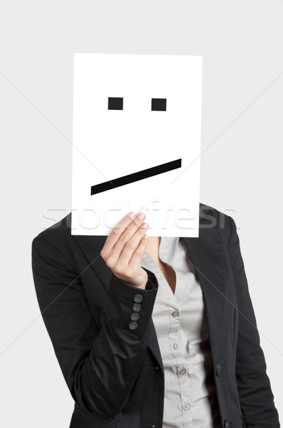 Teleurgesteld gezicht vrouw tonen blanco papier emoticon Stockfoto © iko