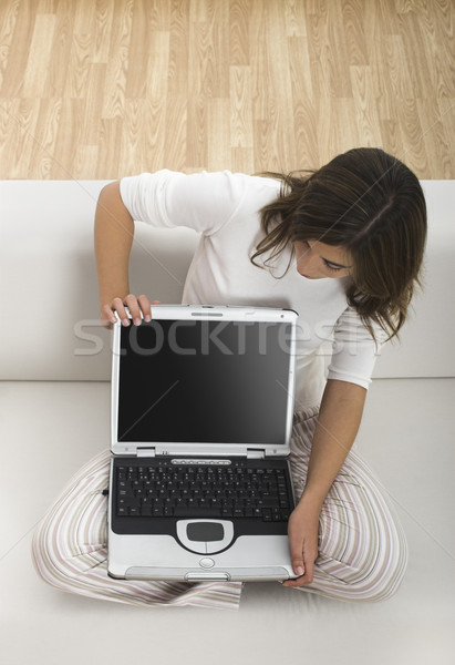 Stockfoto: Huiswerk · laptop · mooie · vrouw · werken · home · tonen