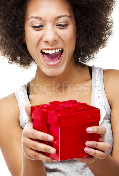 Stockfoto: Geschenk · mooie · gelukkig · jonge · vrouw · Rood