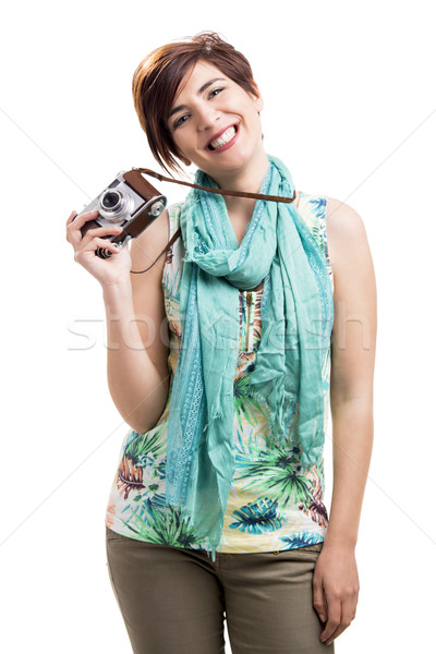 Stok fotoğraf: Kadın · eski · fotoğraf · makinesi · güzel · mutlu · yalıtılmış · beyaz
