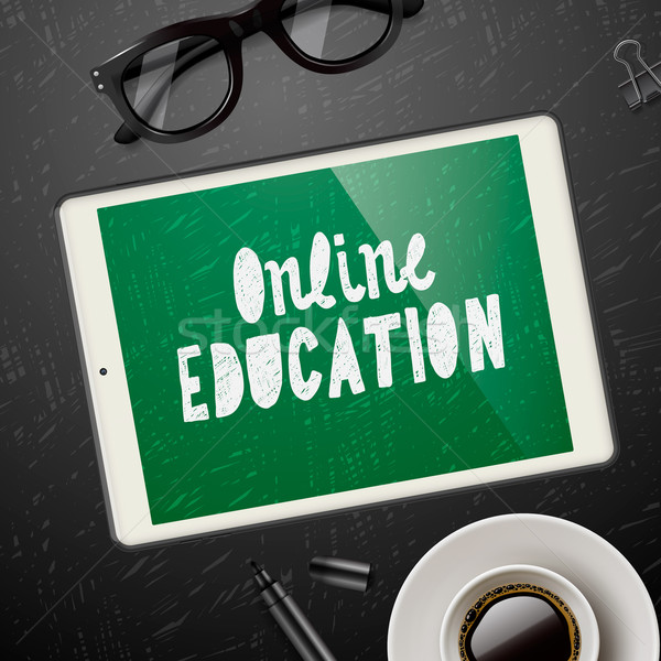 Online oktatás munkaterület berendezés szemüveg csésze Stock fotó © ikopylov