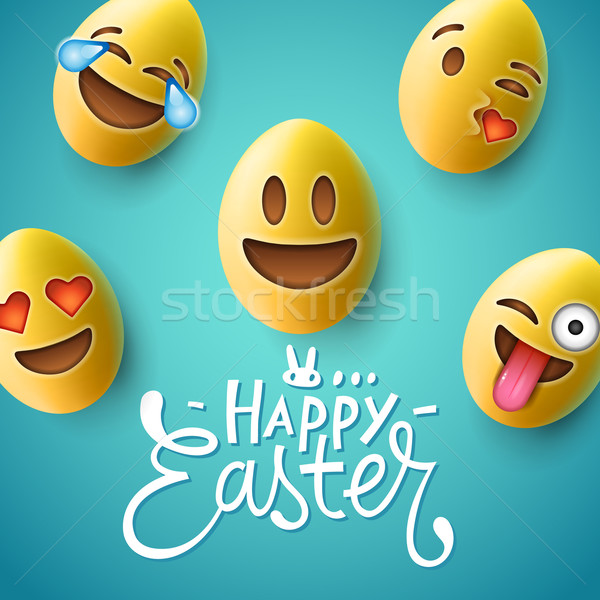 Joyeuses pâques affiche œufs de Pâques visages cute souriant [[stock_photo]] © ikopylov