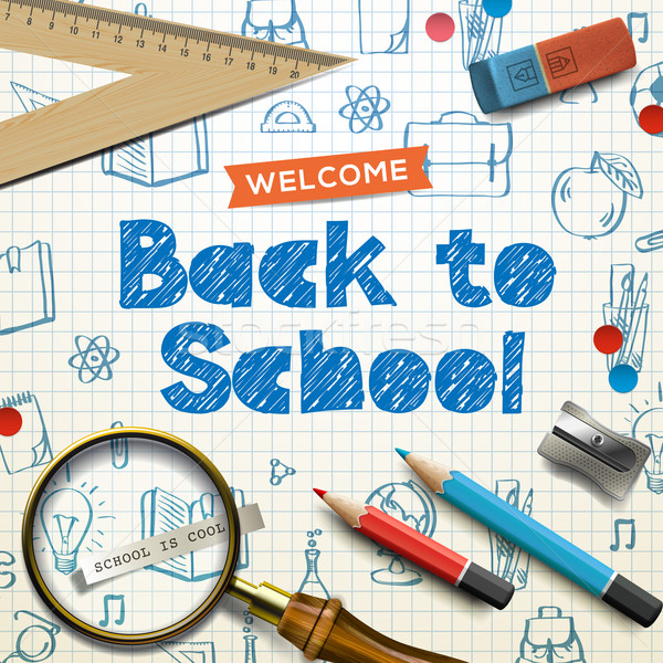 Welcome back to school, supplies, squared paper sheet texture, doodle background, vector illustratio Stock photo © ikopylov