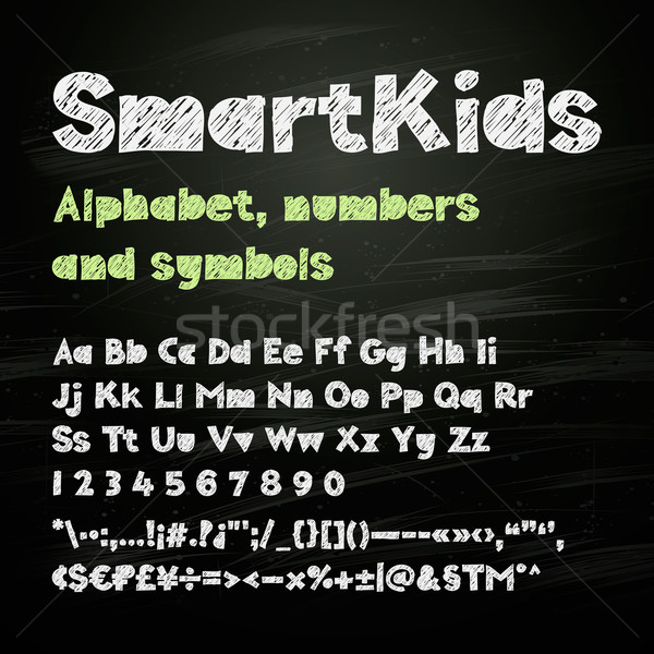 Chalk hand drawing alphabet, numbers and symbols, smart kids, vector illustration. Stock photo © ikopylov