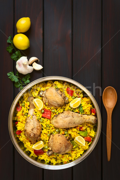 İspanyolca tavuk atış pot geleneksel pirinç Stok fotoğraf © ildi