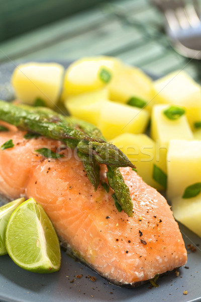 Stock foto: Gebacken · Lachs · Spargel · Filet · grünen · Kalk