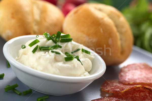 Foto stock: Fresco · creme · queijo · cebolinha · pequeno · tigela