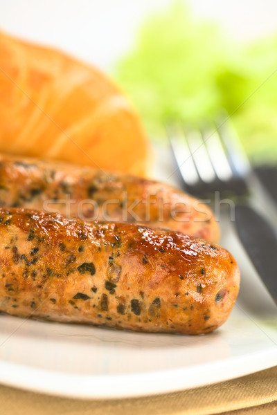 Stock photo: Fried Bratwurst with Bun 