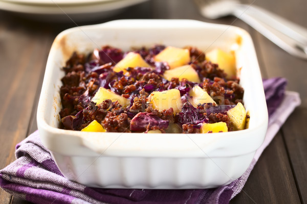 Baked Red Cabbage, Mincemeat and Potato Casserole Stock photo © ildi
