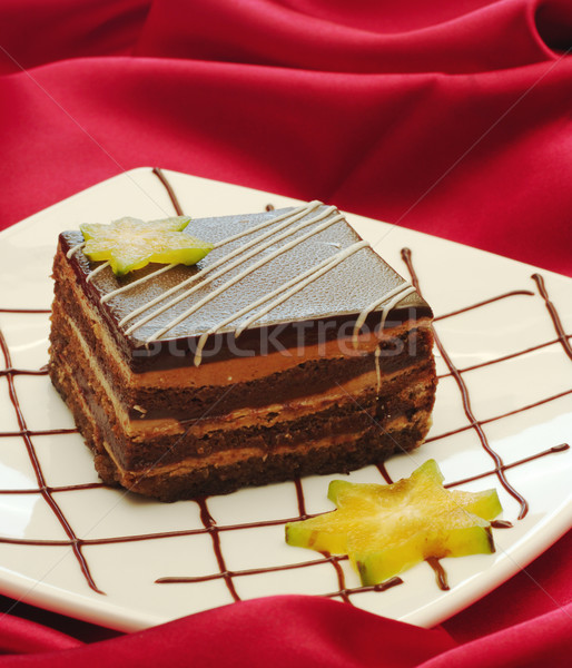 Tiramisu torta fehér tányér csokoládé szirup dekoráció Stock fotó © ildi
