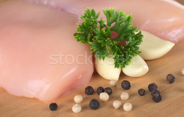 Foto stock: Peito · de · frango · branco · pimenta · preta · salsa · folha