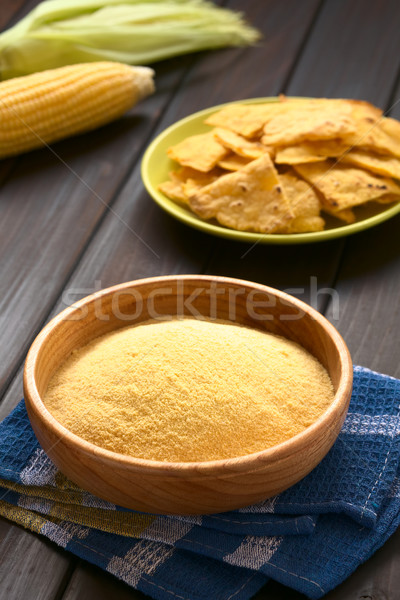 Fából készült tál házi készítésű tortilla sültkrumpli kukorica Stock fotó © ildi