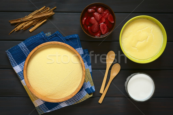 Raw Semolina, Semolina Pudding, Milk, Cooked Strawberry Stock photo © ildi