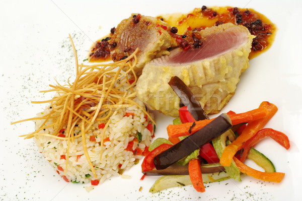 Main Dish: Tuna with Pepper Gravy, Rice and Vegetables  Stock photo © ildi