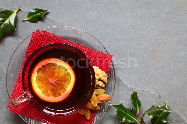 Rode wijn orange slice top glas beker bladeren Stockfoto © ildi