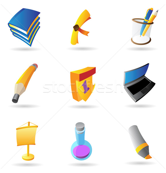 Foto stock: ícones · educação · computador · livros · caneta · laptop