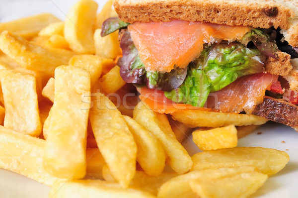 Stock fotó: Friss · lazac · szendvics · sültkrumpli · egészség · kenyér