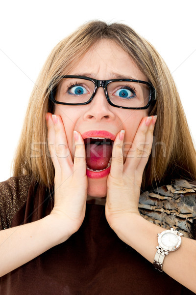 Mulher óculos gritando branco mãos fundo Foto stock © ilolab