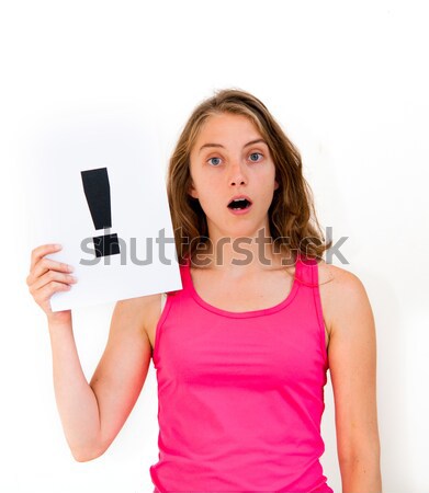 Stock photo: portrait young woman with board exclamation point 