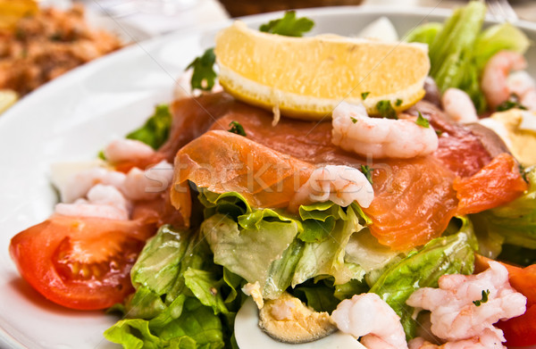 ストックフォト: 新鮮な · 鮭 · サラダ · トマト · 葉 · 油