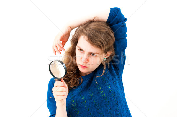 Stockfoto: Dramatisch · vrouw · vergrootglas · witte · business · meisje