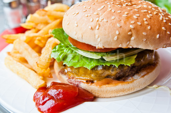 Stockfoto: Amerikaanse · kaas · hamburger · vers · salade · voedsel