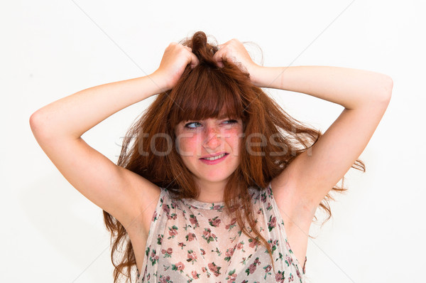 Fiatal pánik nő kezek fej szemek Stock fotó © ilolab