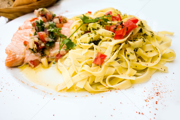 Stock photo: pasta and smoked salmon with tomato
